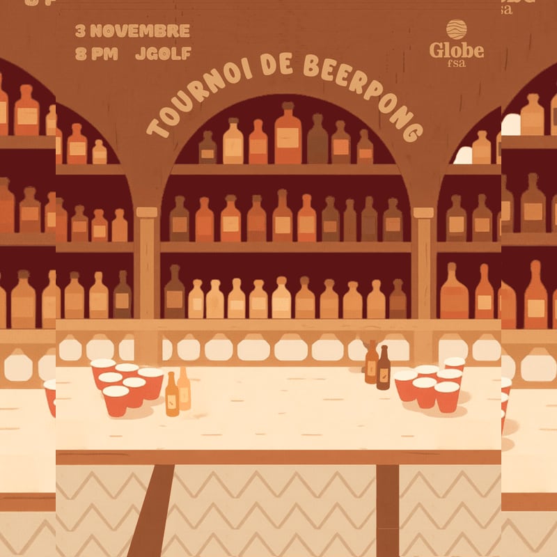 Red beer pong cups sit on a white table in the foreground, with shelves of brown bottles and event text in the background.