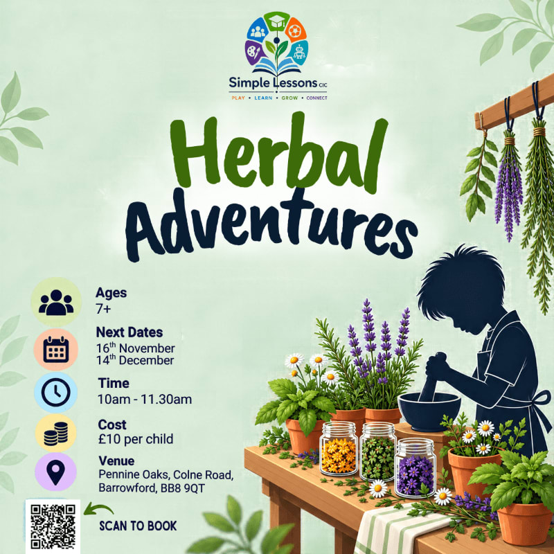 A silhouette of a child using a mortar and pestle with various potted herbs in the foreground is set against a light green background featuring event details for "Herbal Adventures."