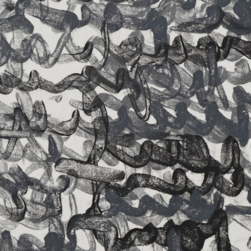 Dark, swirling charcoal-like brushstrokes overlap in the foreground against a plain white background.