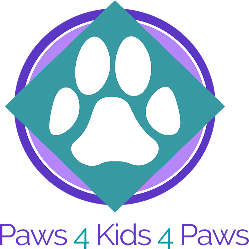 A white paw print is centered within a teal diamond and purple concentric circles against a plain white background, with the text "Paws 4 Kids 4 Paws" written below.