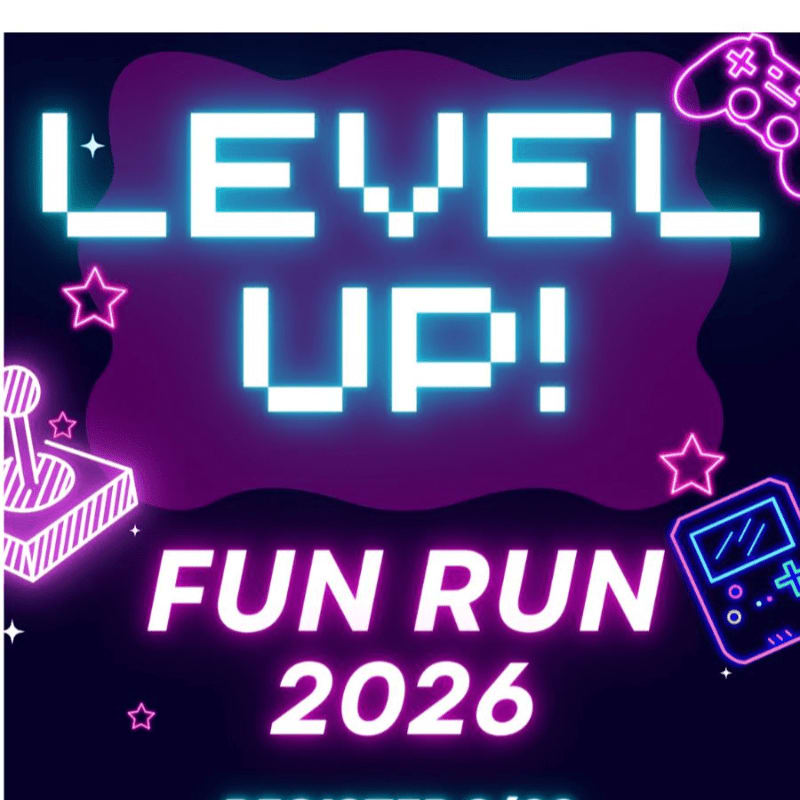 Neon-style text reading "LEVEL UP! FUN RUN 2026" sits in the foreground, surrounded by gaming icons against a dark purple and black background.