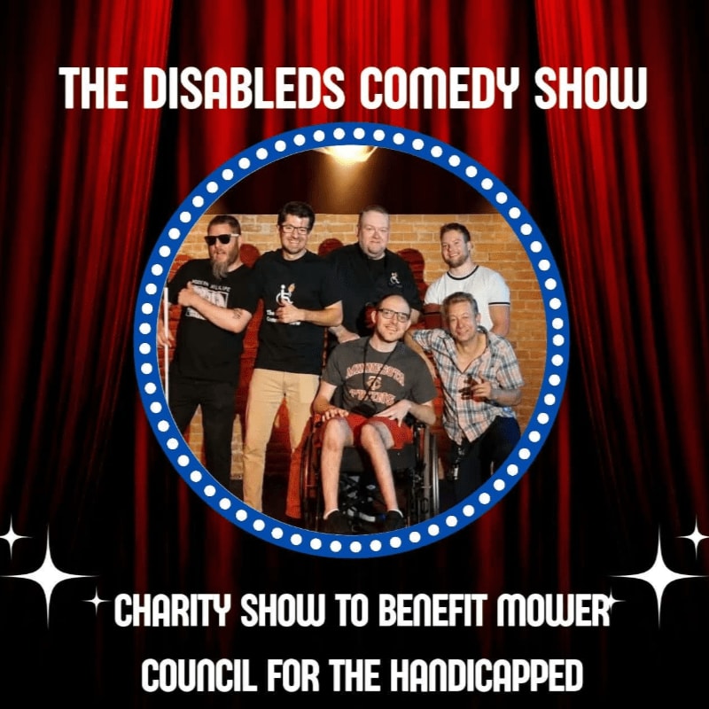 Six men pose together inside a circular frame, set against a background of red stage curtains and promotional text.