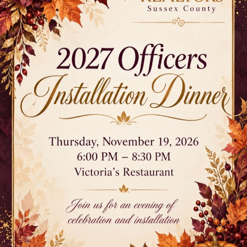 An invitation for the 2027 Officers Installation Dinner is centered on a cream-colored background, framed by autumn leaves, flowers, and pumpkins.