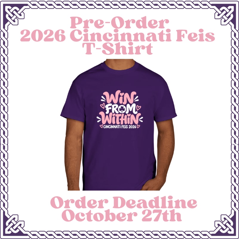 A purple t-shirt with pink text is centered against a white background framed by a purple Celtic knot border and promotional text.