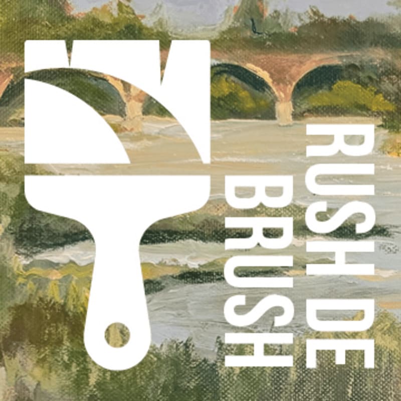 A white paintbrush silhouette and the text "RUSH DE BRUSH" are layered over a painting of a bridge and a river.
