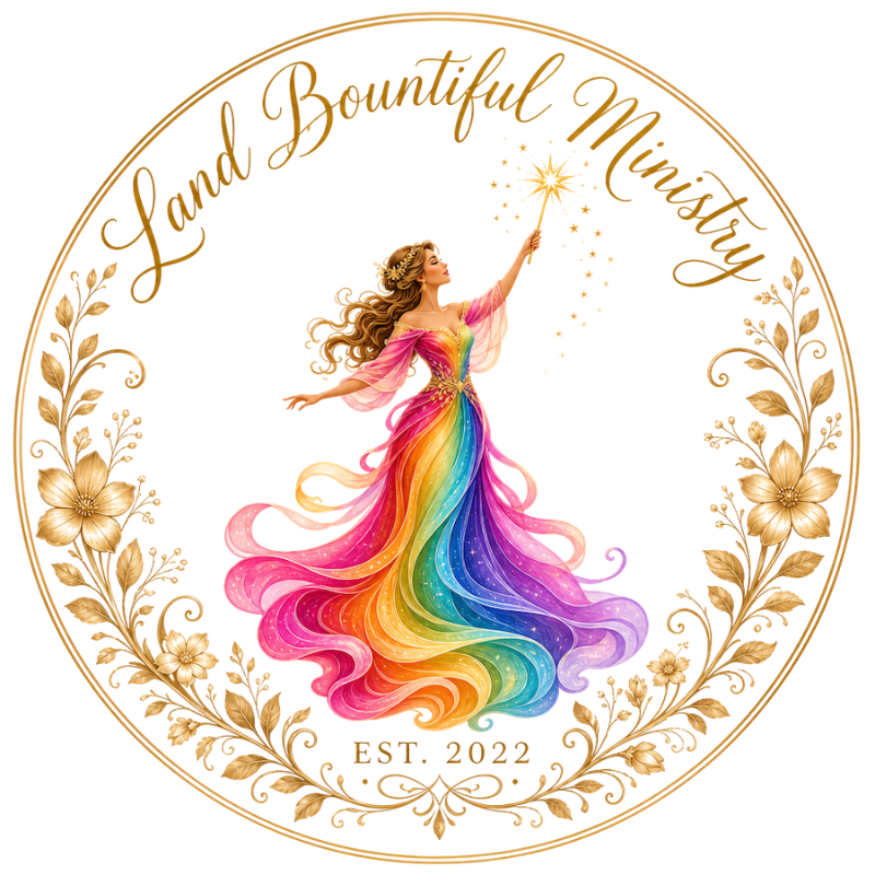 A woman in a flowing rainbow-colored gown holds a magic wand in the foreground, centered within a golden circular frame featuring floral ornaments and the text "Land Bountiful Ministry EST. 2022" against a white background.