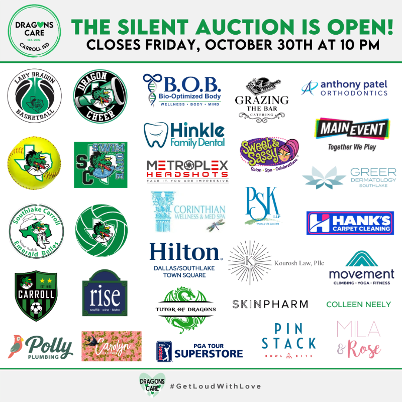 A collection of various business and organization logos is displayed against a plain white background, topped with a green and black announcement about a silent auction.