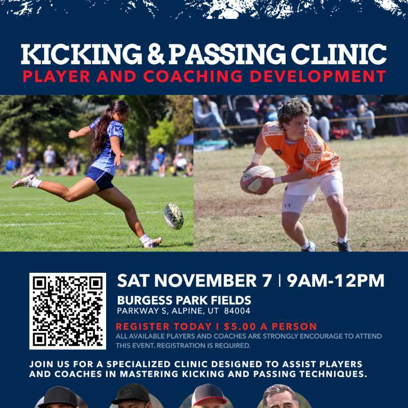 A promotional flyer for a kicking and passing clinic features two rugby players in action against a grassy field and spectator background.