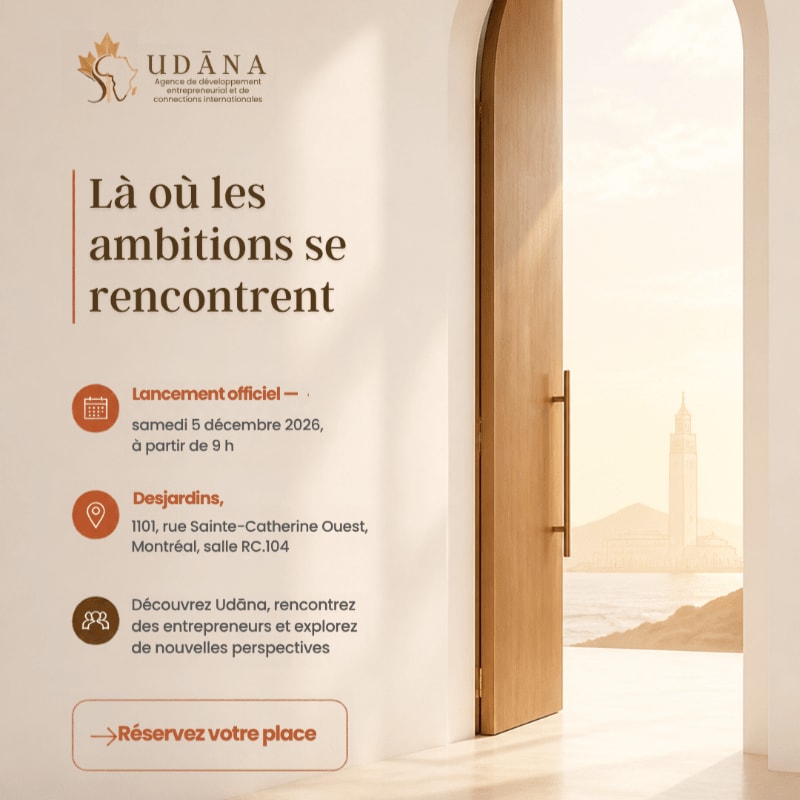 An event announcement with French text and a logo is positioned in the foreground against a background featuring an open wooden door overlooking a hazy coastal cityscape.
