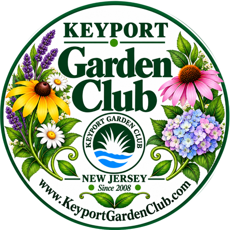 Colorful flowers and green leaves frame the central text "KEYPORT Garden Club" and a small circular logo against a white background.