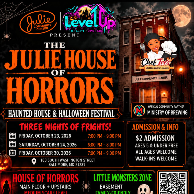 A spooky Halloween event flyer features bold orange text and a brick building in the foreground against a dark night sky with a full moon in the background.