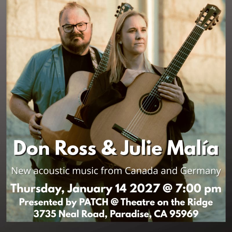 A man and a woman hold acoustic guitars in the foreground against a light-colored stone wall background, with event text overlaid at the bottom.