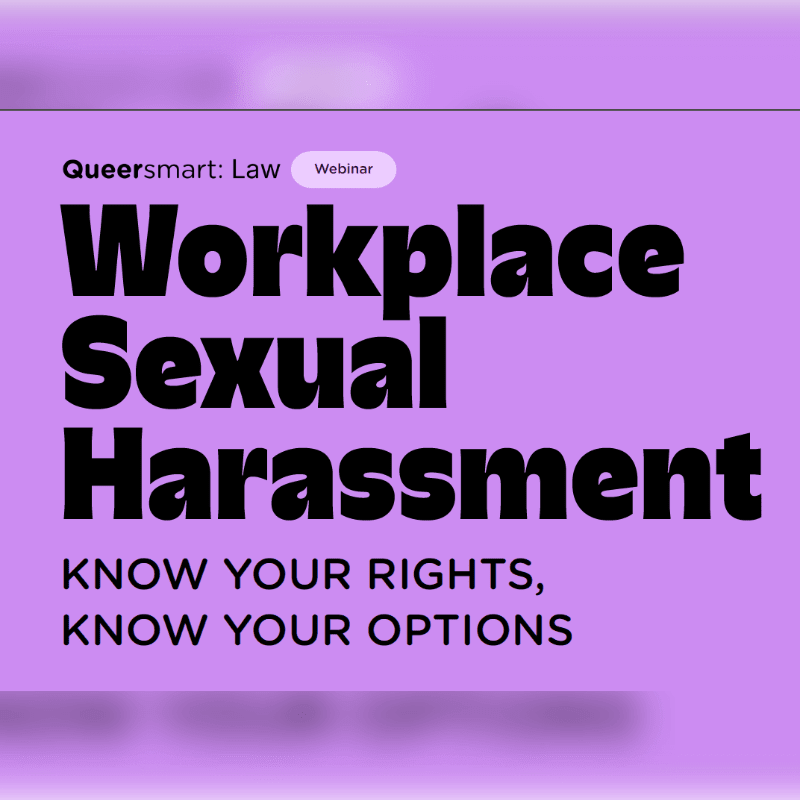 Bold black text reading "Workplace Sexual Harassment" and "KNOW YOUR RIGHTS, KNOW YOUR OPTIONS" is centered against a solid light purple background.