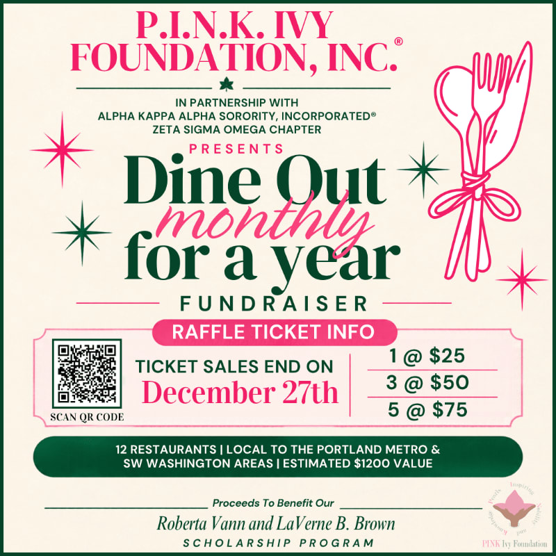 A pink and white promotional flyer for a "Dine Out monthly for a year" fundraiser features bold text and a fork and spoon illustration in the foreground against a light-colored background.