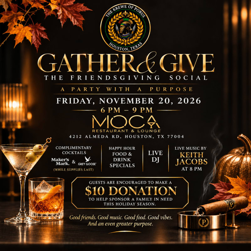 An event flyer for "Gather & Give" features cocktails, a cigar, and a pumpkin in the foreground against a dark, moody background adorned with autumn leaves.