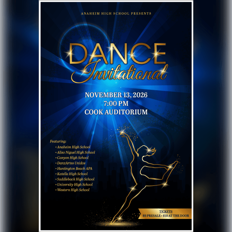 A golden silhouette of a dancer and event details are set against a dark blue background with radiating light beams.