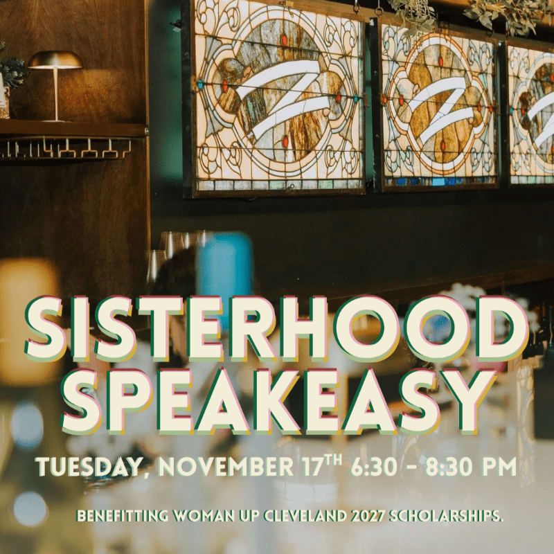 Bold text announcing a "Sisterhood Speakeasy" event overlays a blurred interior featuring stained glass panels in the background.