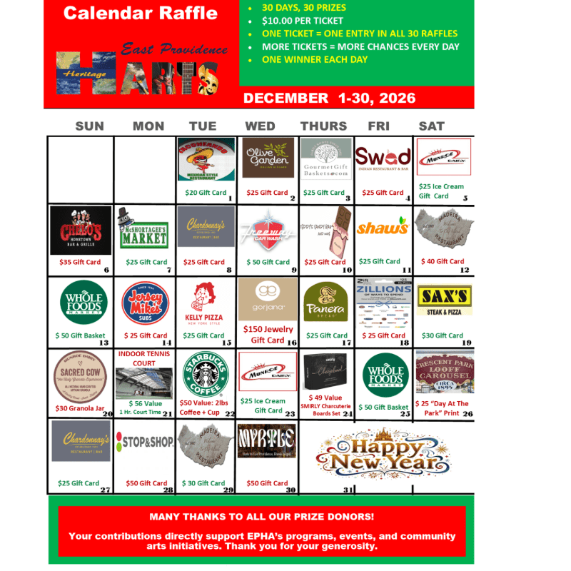 A calendar raffle flyer for East Providence features a grid of daily prizes for December 2026 against a white background with a bold red header and footer.