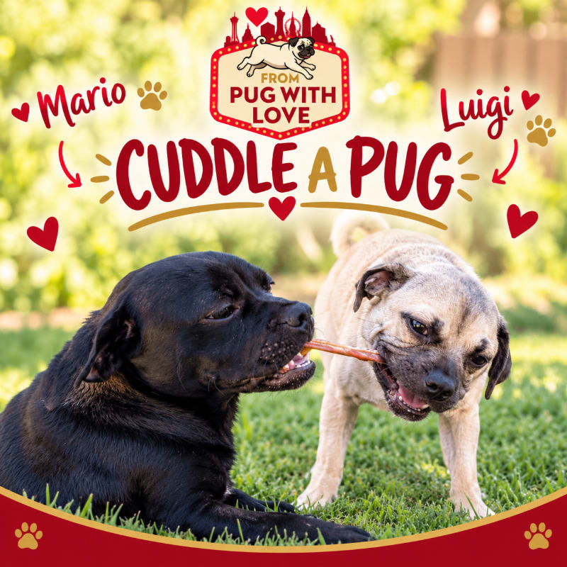 A black dog and a pug chew on a treat together in a sunny grassy field, framed by "Cuddle a Pug" text and branding.