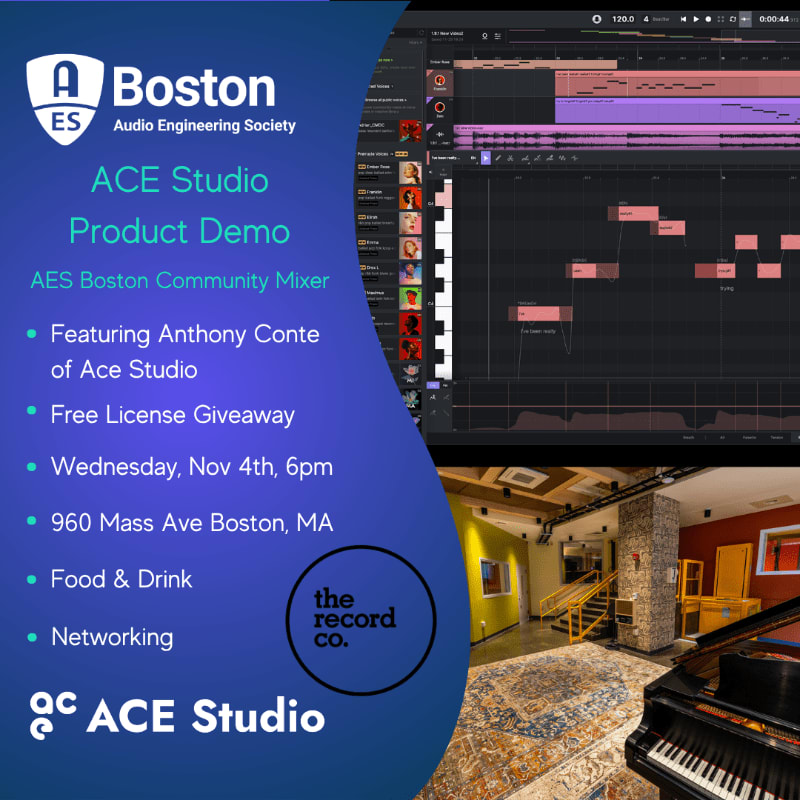 An event flyer for an ACE Studio product demo features event details on a blue background to the left, with a software interface and a recording studio interior on the right.