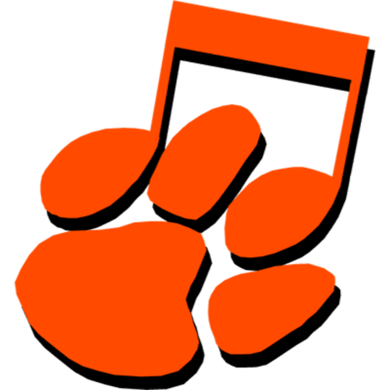 Orange paw prints are superimposed on a musical staff against a white background.