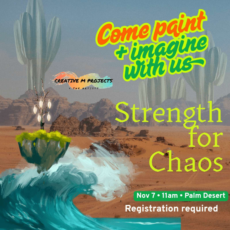 A surreal desert landscape featuring a floating island with a tree and a crashing wave in the foreground, set against a backdrop of giant cacti and rocky mountains with colorful promotional text.