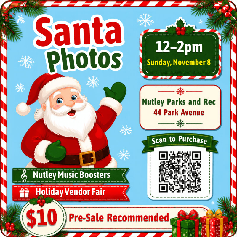 A cheerful Santa Claus and event details for "Santa Photos" are featured in the foreground against a light blue background with snowflakes and a festive red and white striped border.