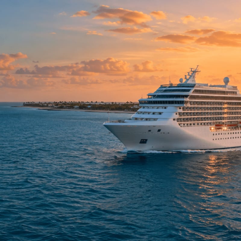 A large white cruise ship sails through deep blue waters against a backdrop of a tropical coastline and a golden sunset sky.