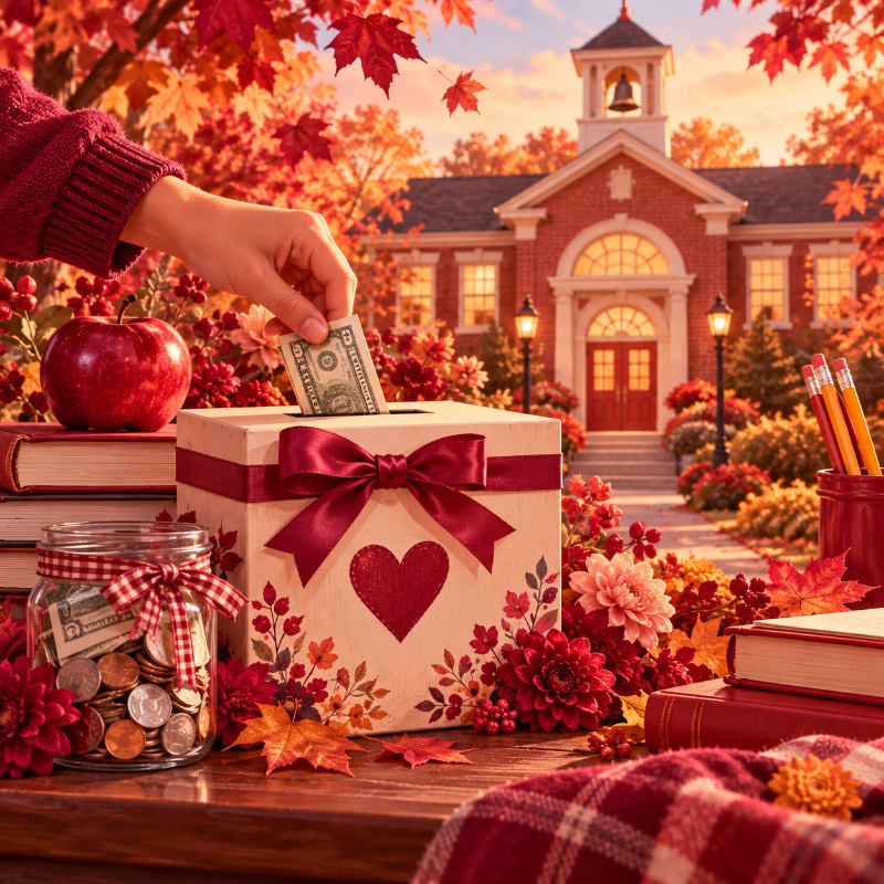 A hand drops a dollar bill into a heart-decorated donation box surrounded by books, an apple, and coins, with a brick schoolhouse set against a vibrant autumn landscape in the background.