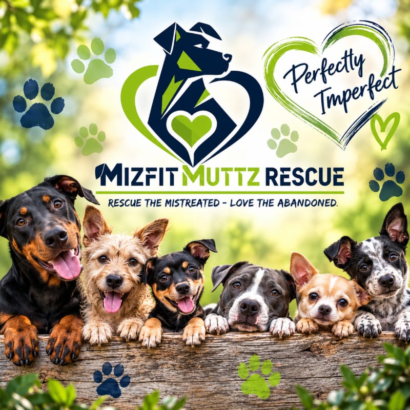 Six diverse dogs peek over a wooden log in the foreground, set against a blurred natural background with the Mizfit Muttz Rescue logo and paw prints.