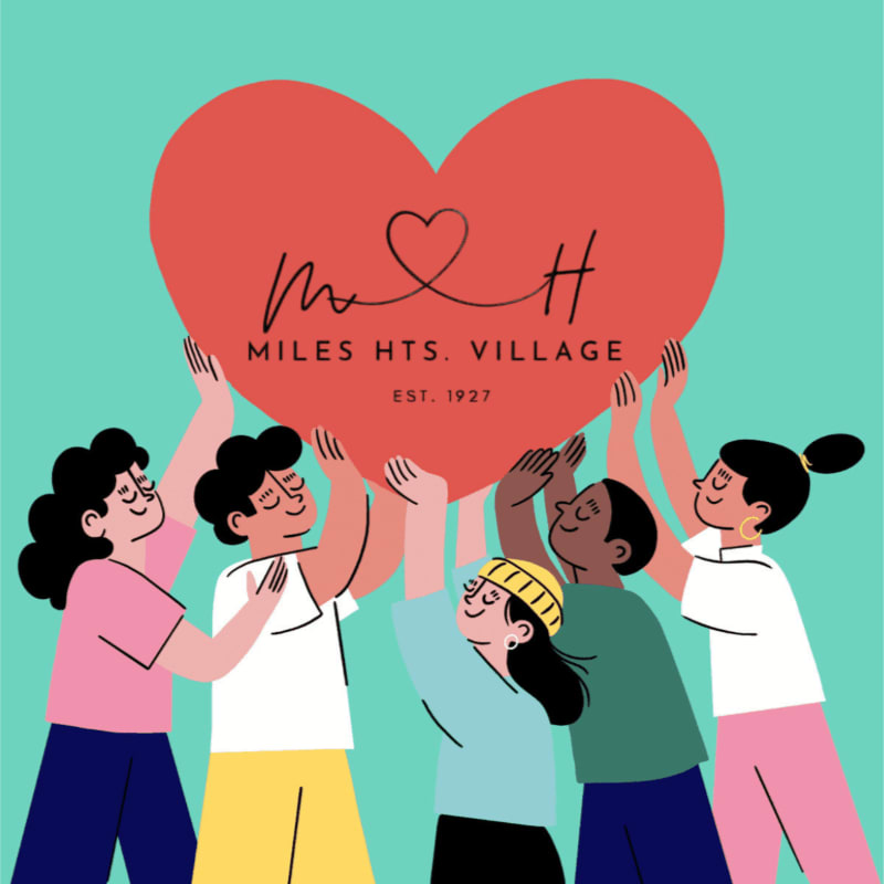 Five diverse people hold up a large red heart featuring the "Miles Hts. Village" logo against a solid teal background.