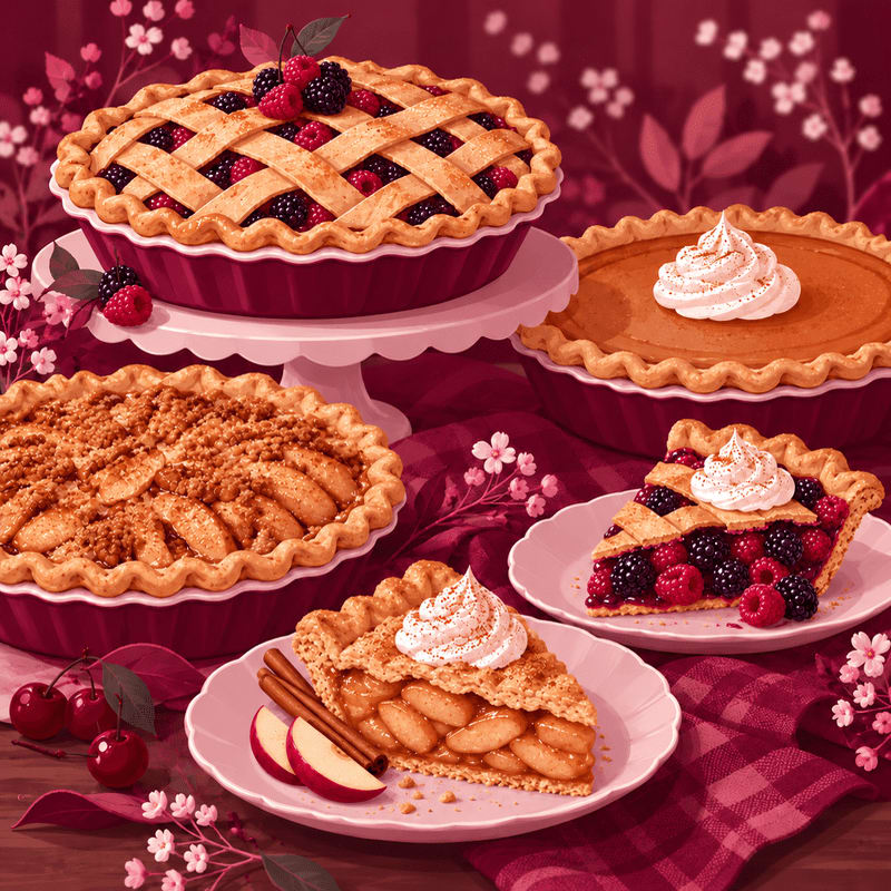Various fruit and pumpkin pies are arranged on plates and stands against a deep red floral background.