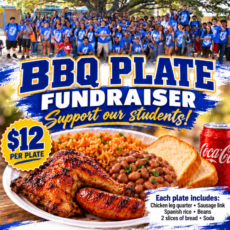 A BBQ plate with chicken, sausage, rice, beans, bread, and a soda sits in the foreground, while a large group of students in blue shirts stands in the background.