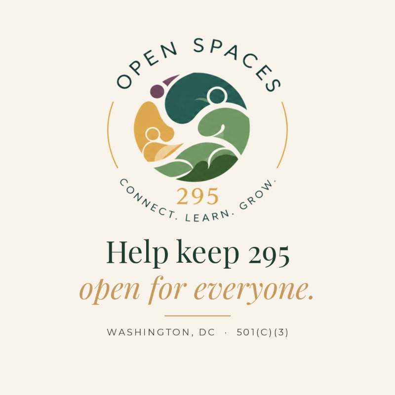 A colorful circular logo with the text "OPEN SPACES" and "295" sits above the phrase "Help keep 295 open for everyone" against a plain cream background.