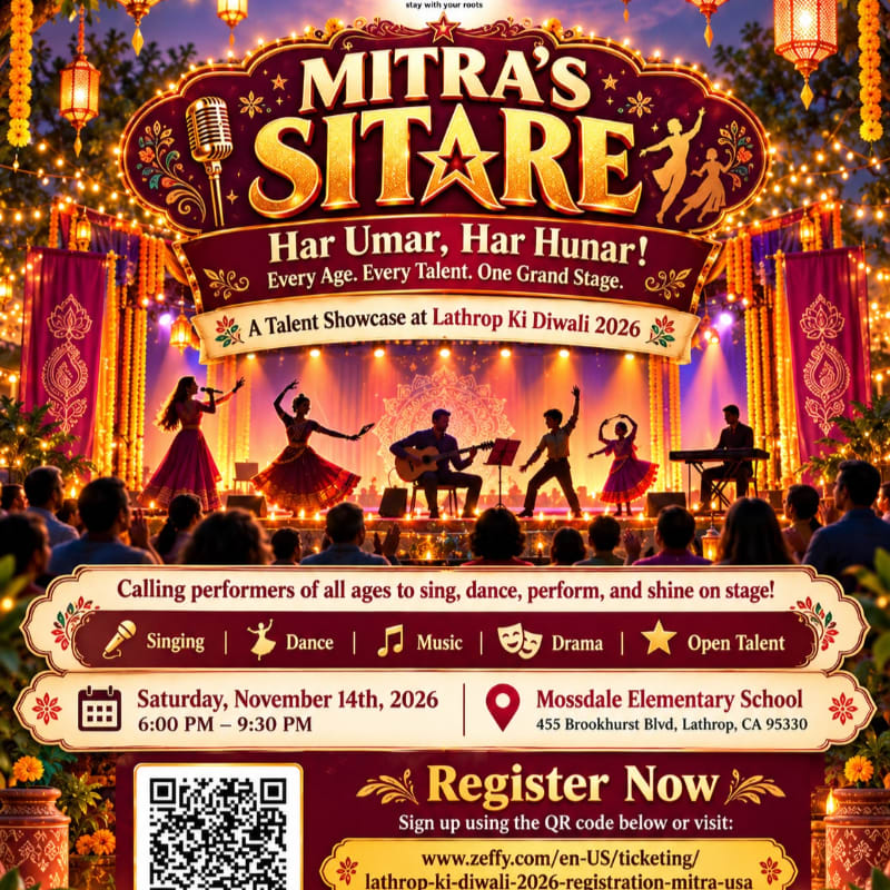 A colorful event poster for "Mitra's Sitare" features performers on a brightly lit stage in the foreground and a festive, decorated backdrop with lanterns and gold accents.