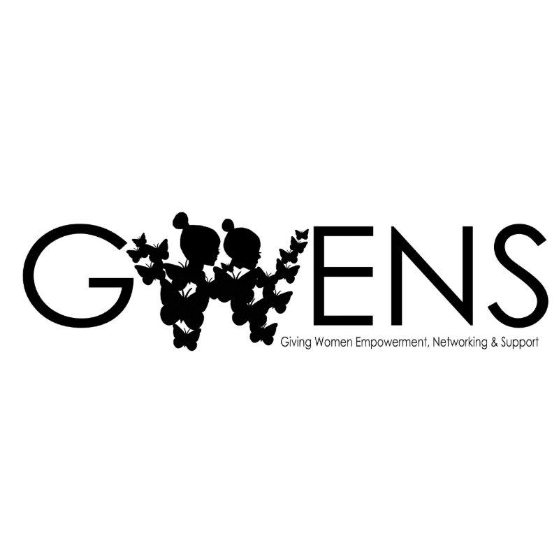 A black logo featuring the text "GWENS" with silhouettes of women and butterflies in the center is set against a plain white background.