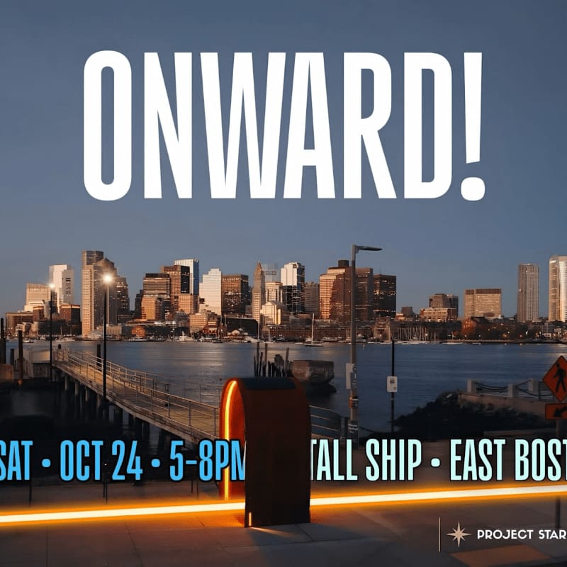 Large white text reading "ONWARD!" overlays a city skyline across a body of water, with a lit walkway and a dark sculpture in the foreground.