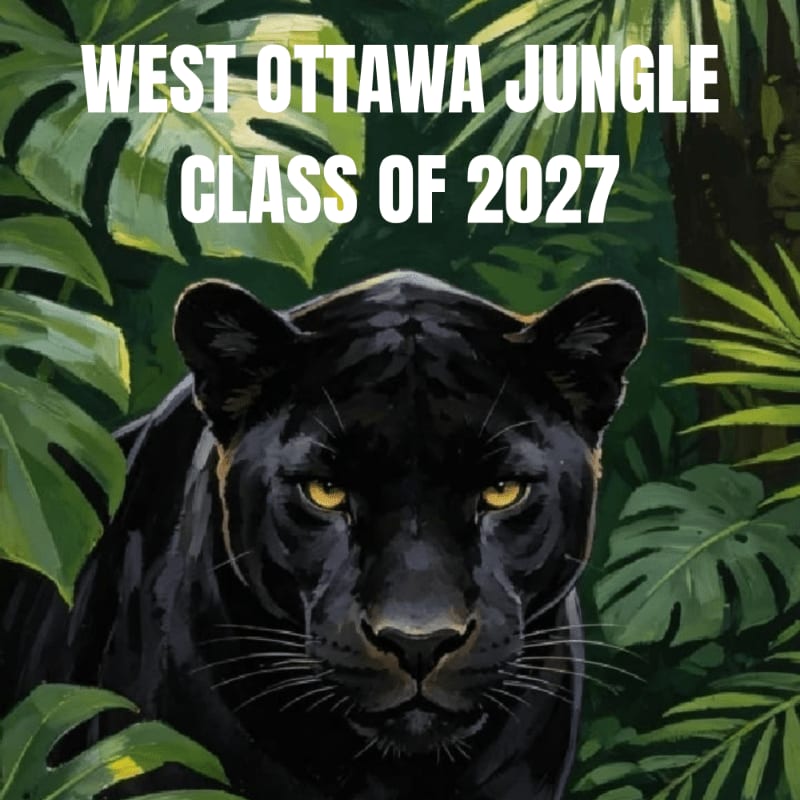 A black panther stares forward from a lush jungle of green tropical leaves, with the text "WEST OTTAWA JUNGLE CLASS OF 2027" overlaid at the top.