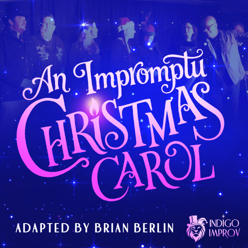 Stylized pink and white text reading "An Impromptu Christmas Carol" sits in the foreground over a blue-lit background featuring a group of people on a stage.