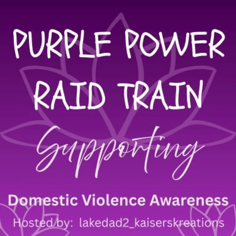 White text promoting a "Purple Power Raid Train" for Domestic Violence Awareness is layered over a purple background featuring a faint lotus flower outline.