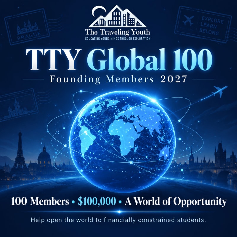 A glowing blue digital globe sits in the foreground against a dark blue background featuring city silhouettes, travel stamps, and the text "TTY Global 100 Founding Members 2027."