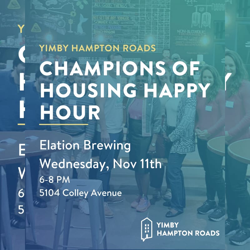 White text advertising a "Champions of Housing Happy Hour" event is overlaid on a group of people standing in a brewery.