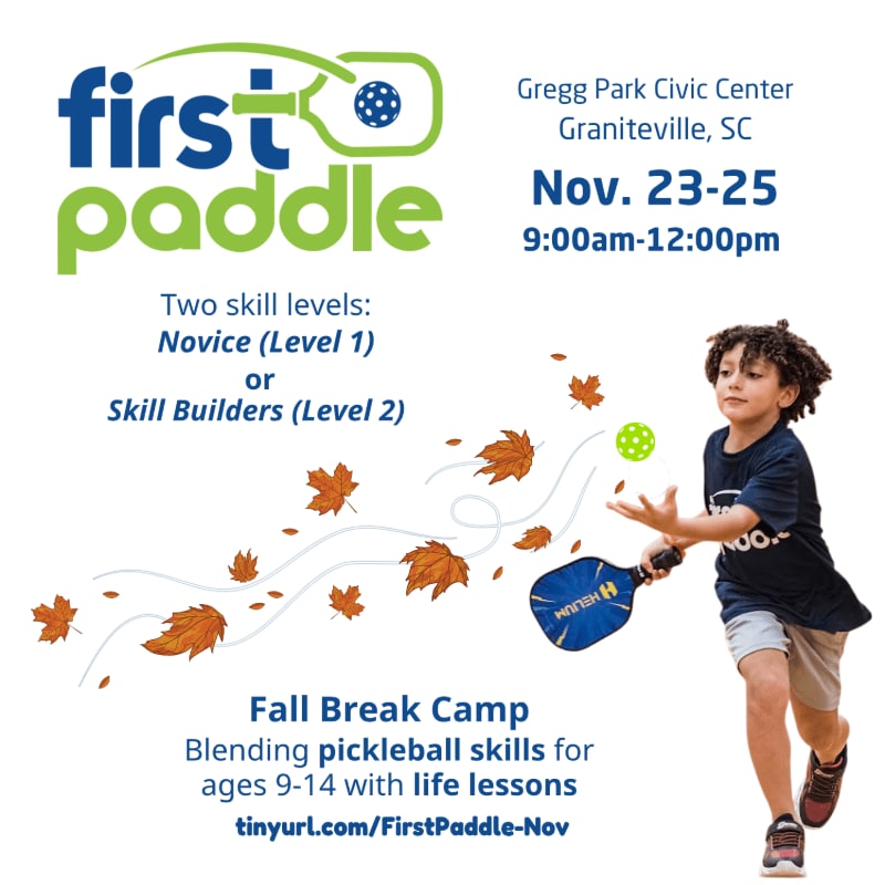A young boy playing pickleball with autumn leaves swirling around him is set against a white background featuring event details for a "First Paddle" Fall Break Camp.