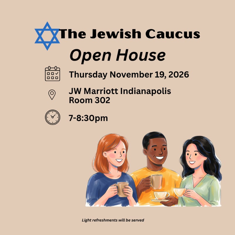 An illustration of three people holding drinks sits in the foreground of a tan background featuring text for a Jewish Caucus Open House event.