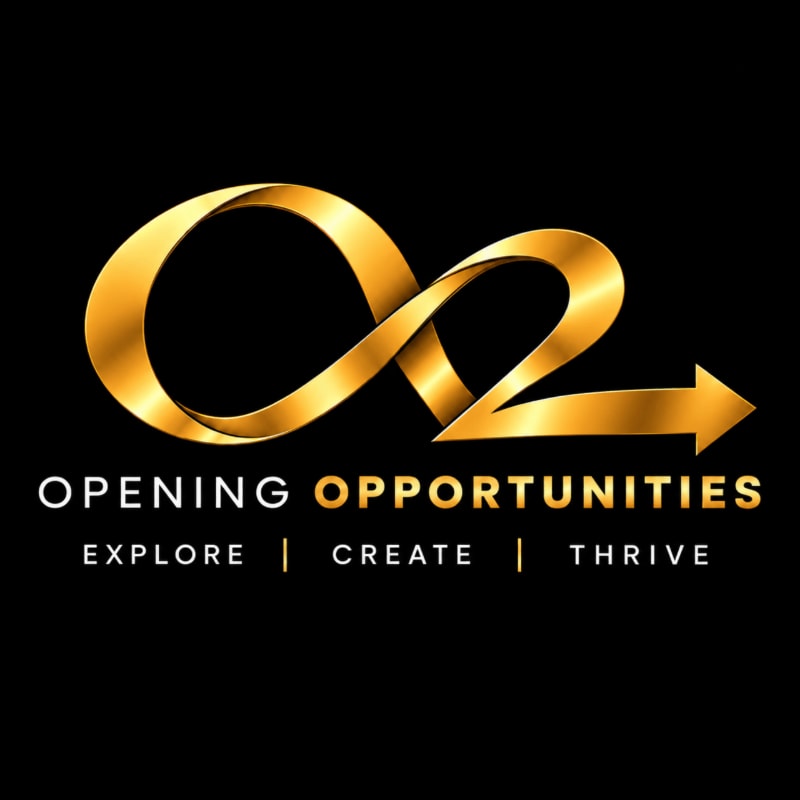 A golden stylized "O2" logo with an arrow and the text "OPENING OPPORTUNITIES" and "EXPLORE | CREATE | THRIVE" set against a solid black background.