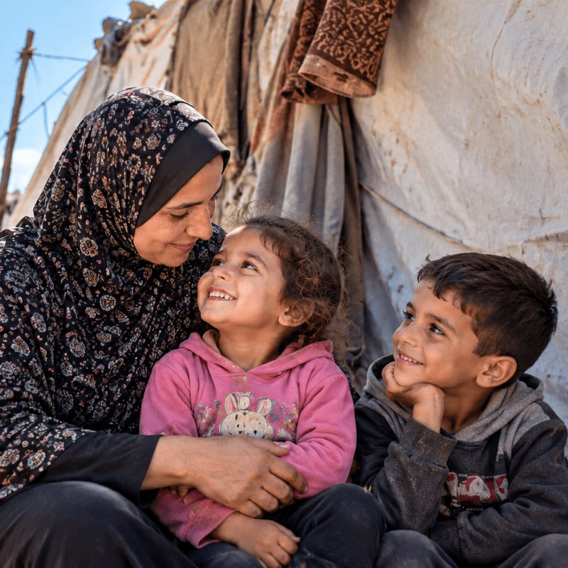A smiling woman in a hijab sits with two young children in front of a makeshift tent.