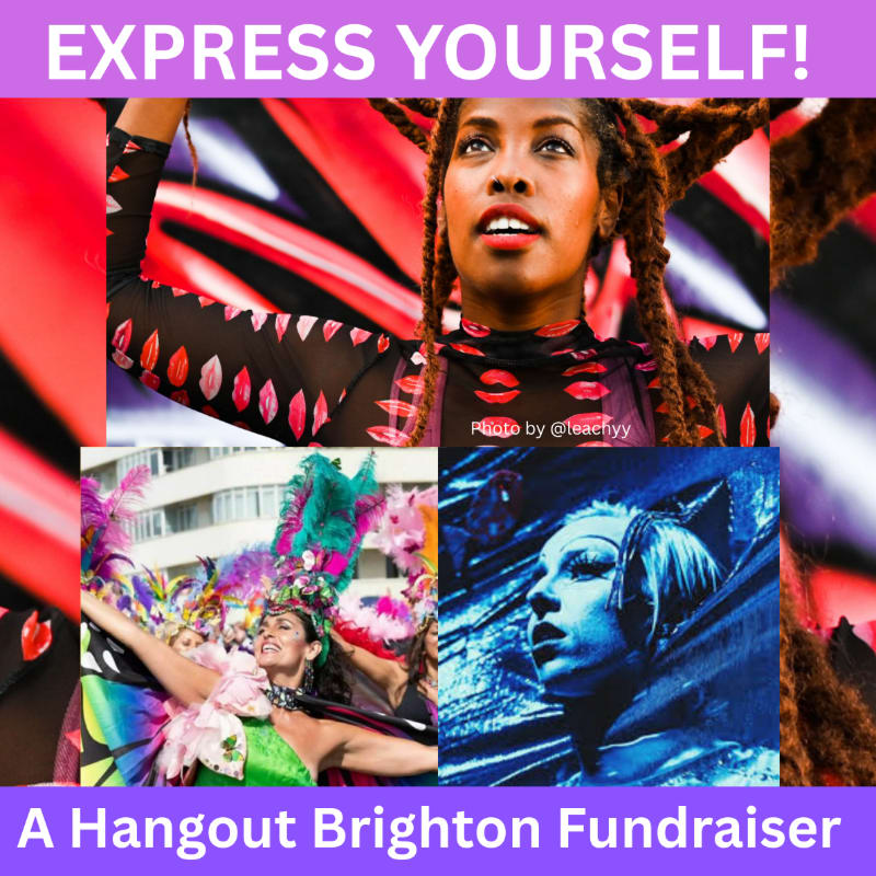 A collage featuring three diverse people in expressive costumes and makeup against various colorful backgrounds, framed by purple banners with text.
