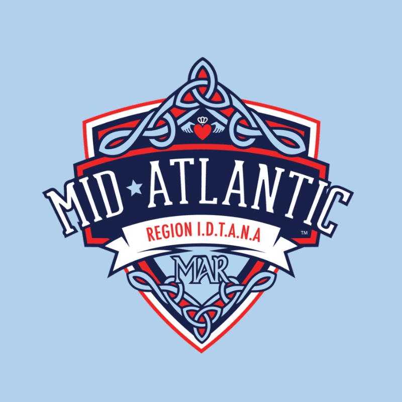 A blue, red, and white "Mid-Atlantic Region I.D.T.A.N.A" logo with Celtic knots is centered against a light blue background.