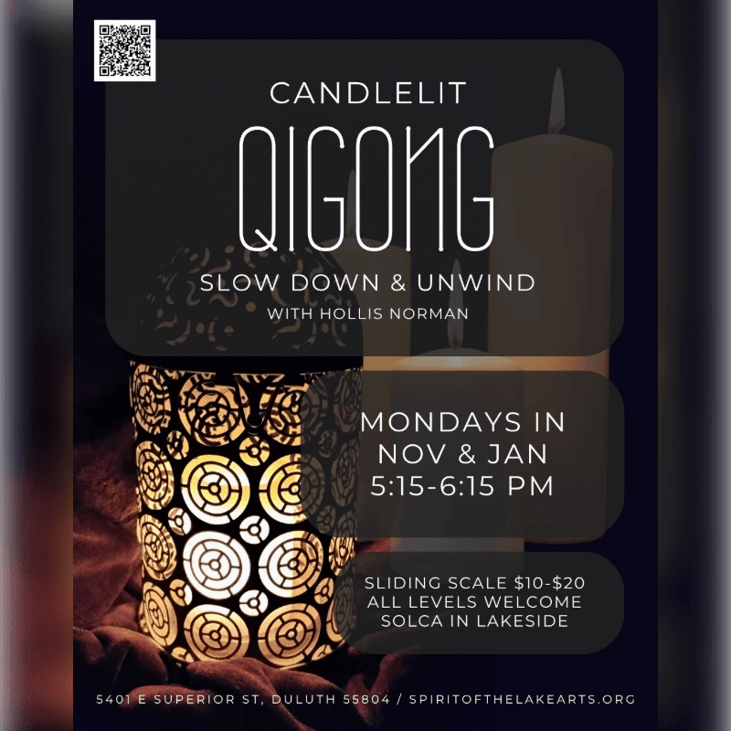 A promotional flyer for "Candlelit Qigong" features a glowing decorative candle holder in the foreground and a soft-focus pillar candle in the dark background.