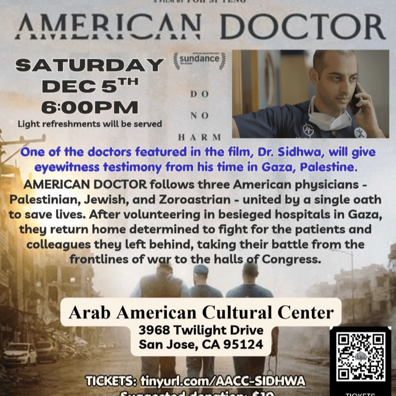 A promotional flyer for the film "American Doctor" features a man on a phone in the upper right and a grayscale image of three figures standing in a war-torn street in the background.